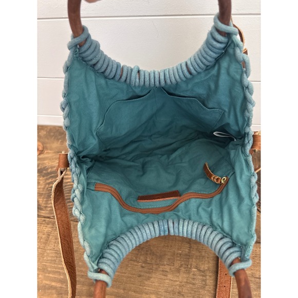 Sundance Anabaglish Teal Blue Macrame Bag Wood Handles Leather Trim Boho Woven - Picture 6 of 9